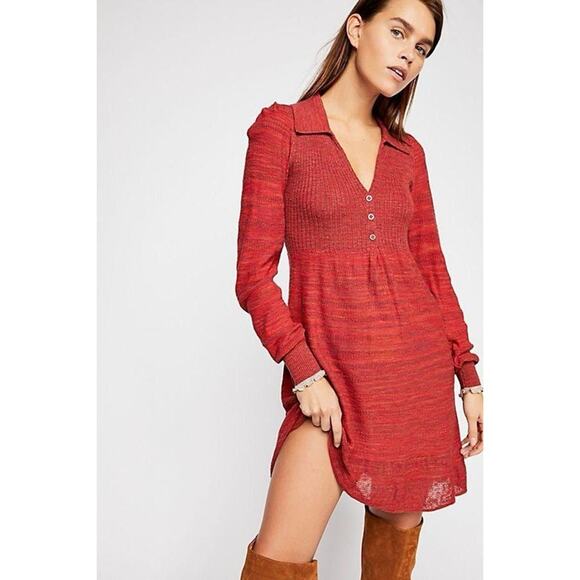 FREE PEOPLE Sweater Dress Size Medium Red Knit Ruffles Boho Indie Fall Country - Picture 1 of 10